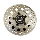 Hub & Disc Assembly for the Pride Pursuit XL (SC714) mobility scooter, featuring a circular metal object with holes, designed to hold the front wheels with 13x4 black low profile tires.
