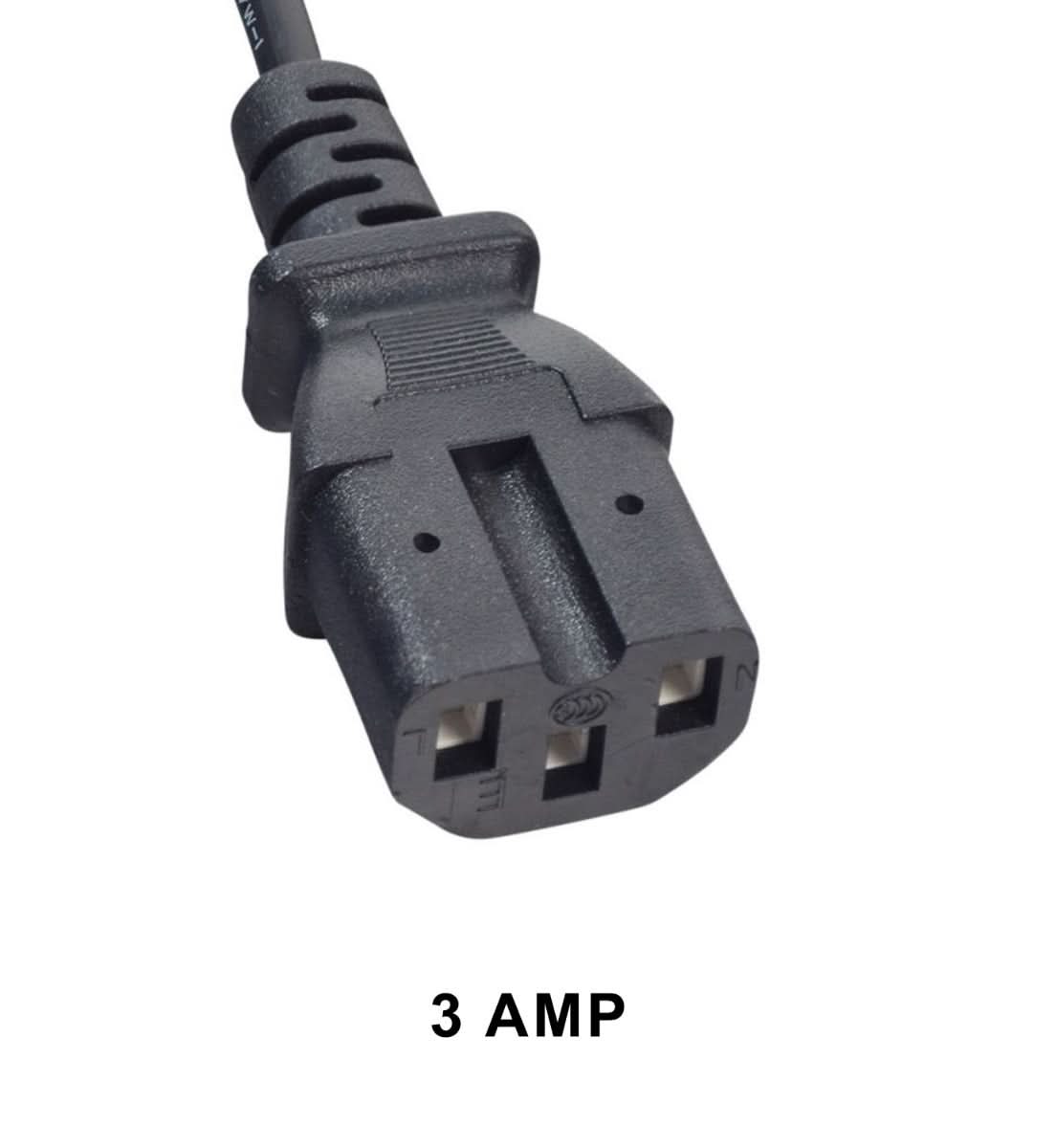 48 Volt 3-Pin Battery Charger for Emmo Electric Scooters, showing a close-up of the plug and black power cord with a 3-pin shroud female (IEC 320 C13) connector.