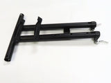 Deluxe Hoverboard Go-Kart Attachment Kit with Large Front Wheel & Suspension (Blemished) showing black metal components with screws, adjustable frame, and a go-kart seat, highlighting cosmetic scratches and scrapes.