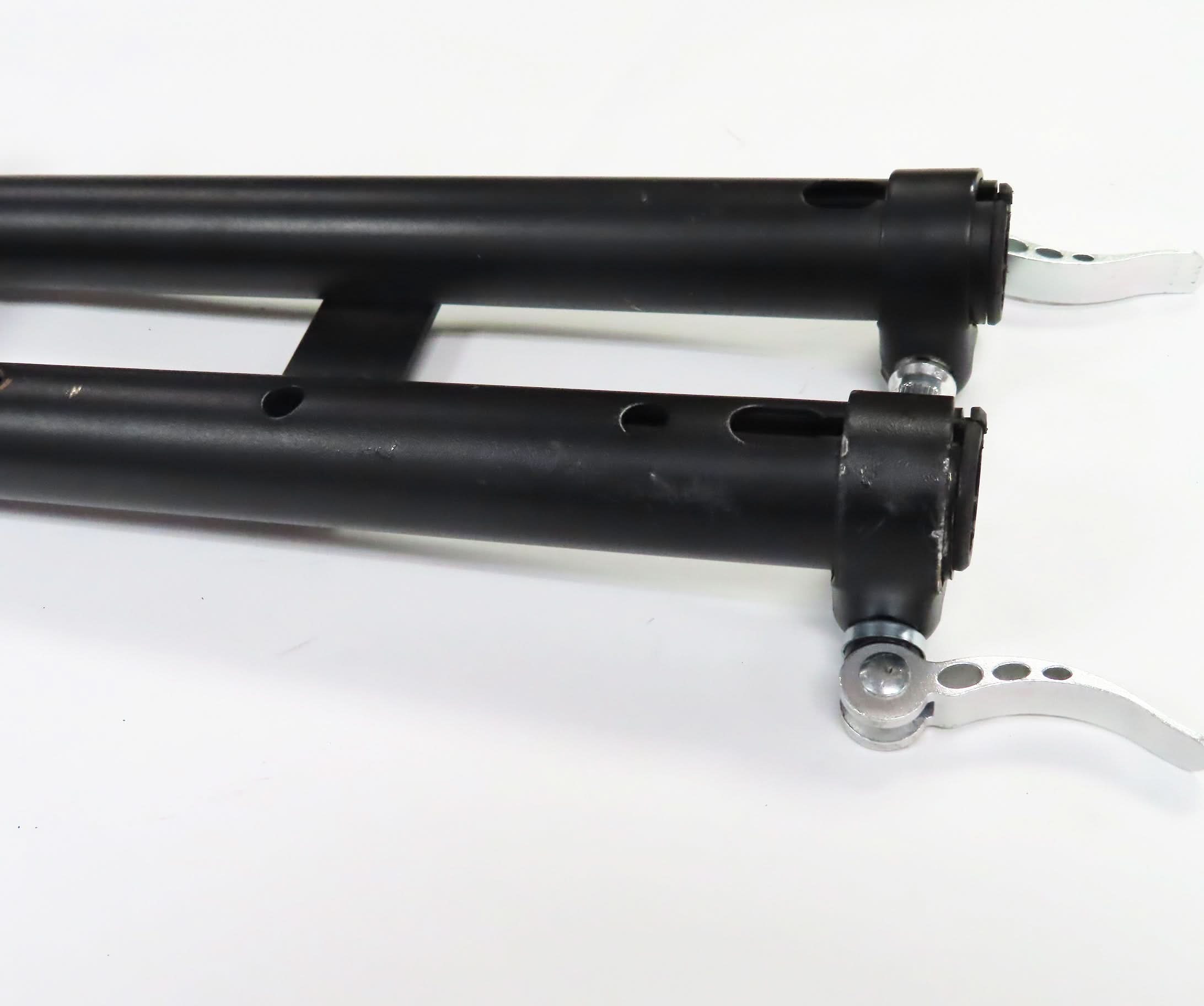 Deluxe Hoverboard Go-Kart Attachment Kit with Large Front Wheel & Suspension (Blemished) featuring a black metal frame, silver parts, and a go-kart seat with some scratches.