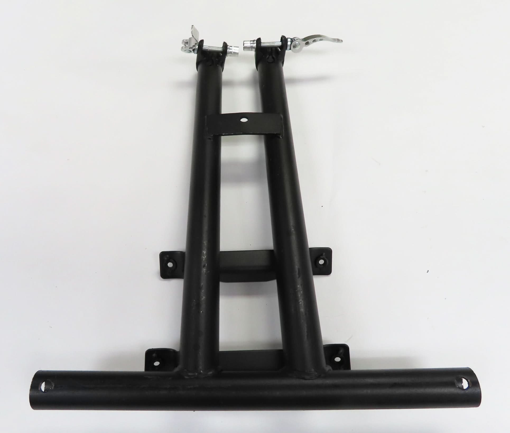 Deluxe Hoverboard Go-Kart Attachment Kit with Large Front Wheel & Suspension (Blemished), featuring a black metal frame with screws and holes, and a go-kart seat.