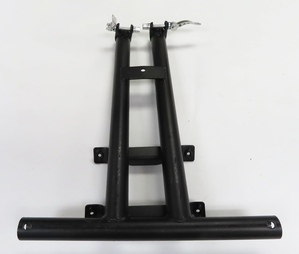 Deluxe Hoverboard Go-Kart Attachment Kit with Large Front Wheel & Suspension (Blemished), featuring a black metal frame with screws and holes, and a go-kart seat.
