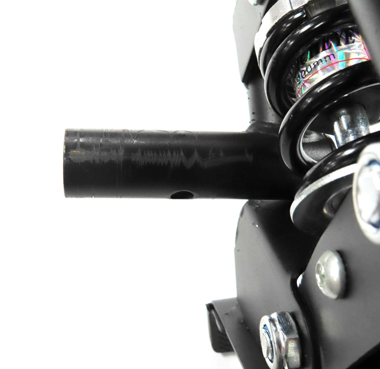 Deluxe Hoverboard Go-Kart Attachment Kit with Large Front Wheel & Suspension (Blemished), showing a black metal frame, suspension system, and handlebars for steering.