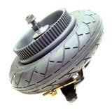 Innova 200x50 Solid No-Flat Rear Wheel Assembly for Belt Drive GT, IZIP, Mongoose, eZip, & Schwinn 150 & 200 Series Scooters includes black tire, band brake, belt sprocket, axle, bearings, and nuts.