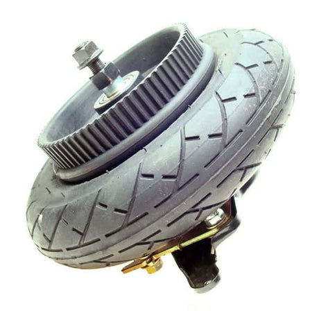 Innova 200x50 Solid No-Flat Rear Wheel Assembly for Belt Drive GT, IZIP, Mongoose, eZip, & Schwinn 150 & 200 Series Scooters includes black tire, band brake, belt sprocket, axle, bearings, and nuts.