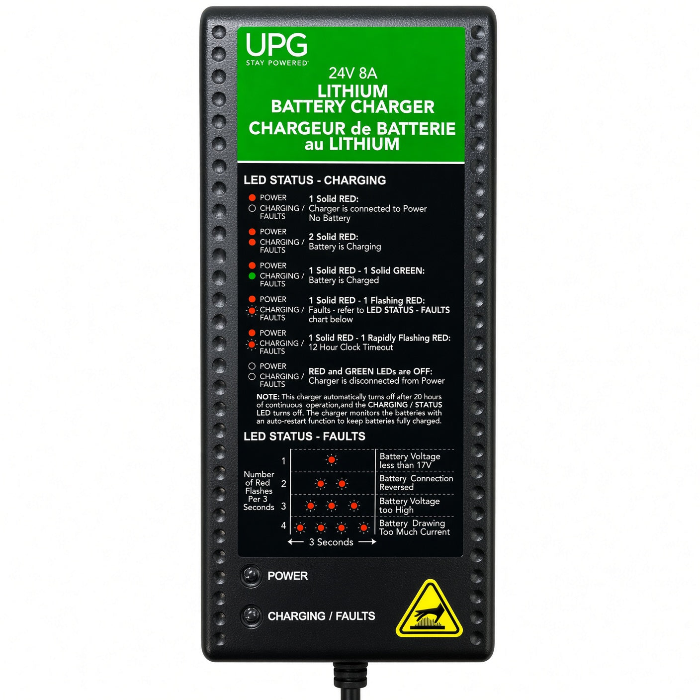 ELE2300934 - 24 Volt 8 Amp Lithium-Ion Battery Charger with 3-Pin XLR Connector for the Pride Pursuit 2 (S7132) - UPG 24BC8000L-1