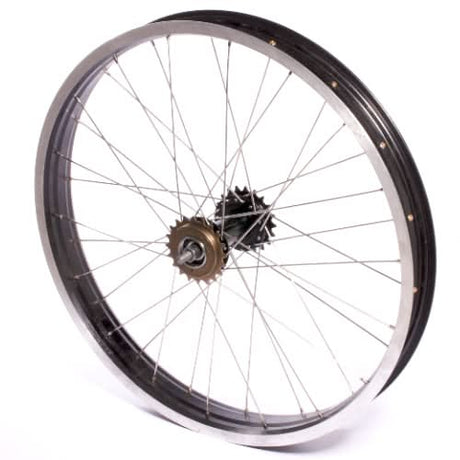 26 x 3 Rear Rim Assembly for the Mongoose CR36V450 Electric Bikes showing a close-up of the bicycle wheel's spokes, rim, and gear hub.
