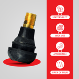 Straight Valve Stem for Tubeless ATV, Dirt Bike, & Scooter Tires: A close-up of a black rubber valve stem with a gold nut, designed for universal 15mm mounts and 35mm length.