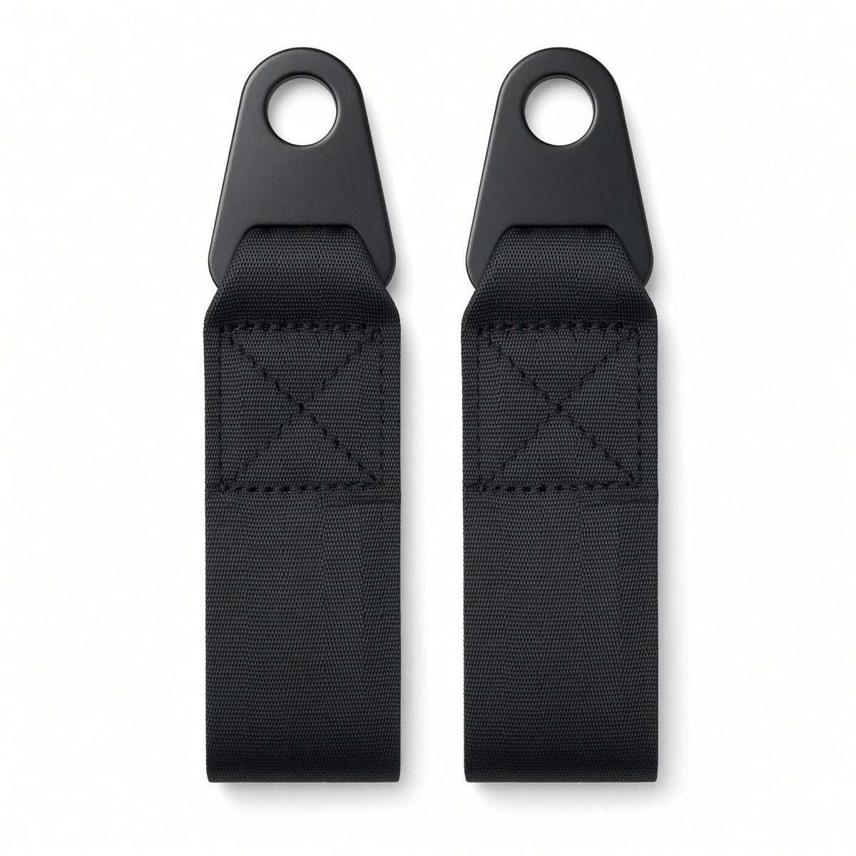 Black steel mounting tabs on both ends of the Pride Jazzy and Jet seat belt for attaching to the rear wheel axles