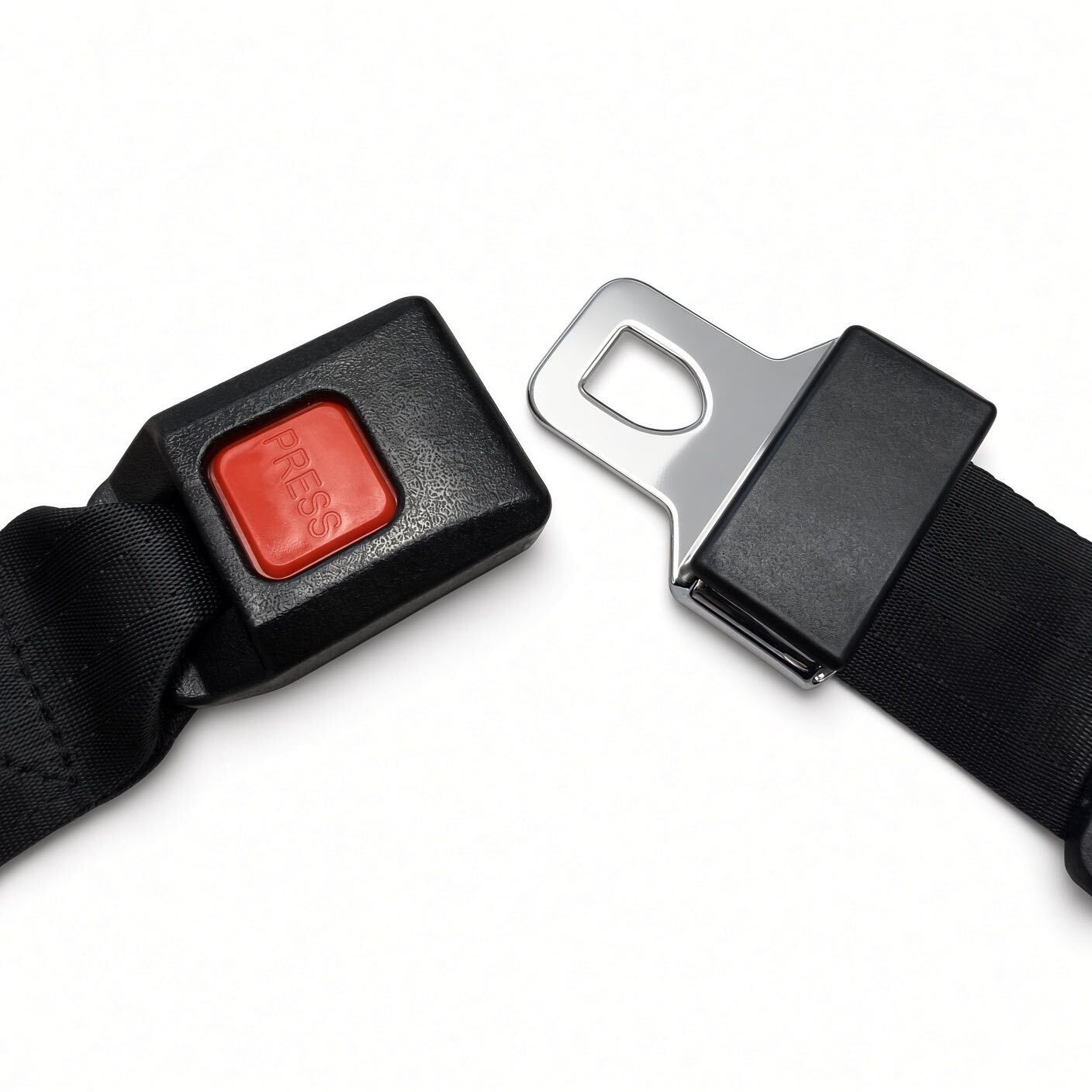 Jazzy and Jet power chair seat belt buckle unlatched, showing red PRESS release button and chrome latch plate