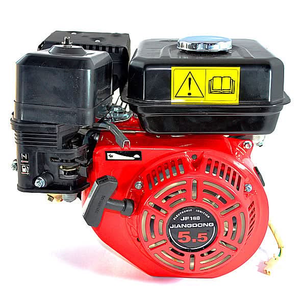 163cc 5.5 HP JF168 Mini Bike Engine featuring a red pull start and black fuel tank, shown with components including the air filter, carburetor, fuel tank, muffler, and spark plug.