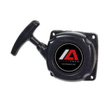 Scooter Pull Start for 33cc, 36cc, 40cc, 43cc, 49cc, and 52cc Engines. The black plastic pull start has a handle and a spring-loaded mechanism, featuring a red logo on the casing.