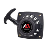 Scooter Pull Start with 4 Mounting Holes, featuring a black plastic handle and circular pull mechanism, ideal for 33cc-52cc Chinese gasoline engines, suitable for scooters, weed trimmers, and more.