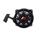 Pull Start 497680 for Briggs & Stratton Vertical Shaft L-Head & Quantum Gas Engines, featuring a black plastic reel with a handle and a red and white logo on its surface.