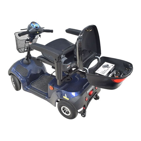 Universal Mobility Scooter Rear Trunk & Bracket Assembly shown mounted on a blue scooter with a basket, highlighting the secure attachment and spacious storage for accessories.