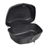 Deluxe Top Case Scooter Trunk (X-Large) (Blemished) shown as a spacious black plastic box with a handle, keys, and universal mounting platform included.