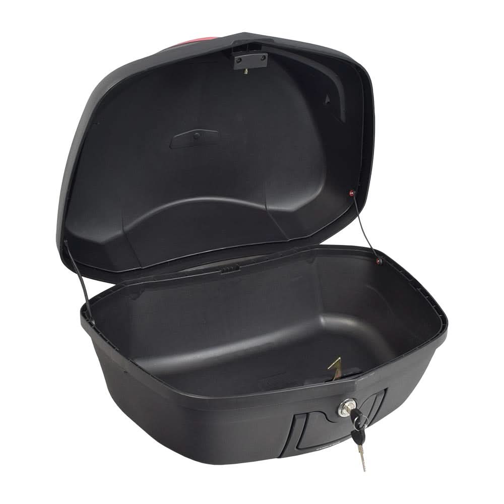 Deluxe Top Case Scooter Trunk (X-Large) (Blemished) with a black plastic body, red lid, handle, and key in a keyhole, shown with mounting hardware and interior knob for secure attachment.