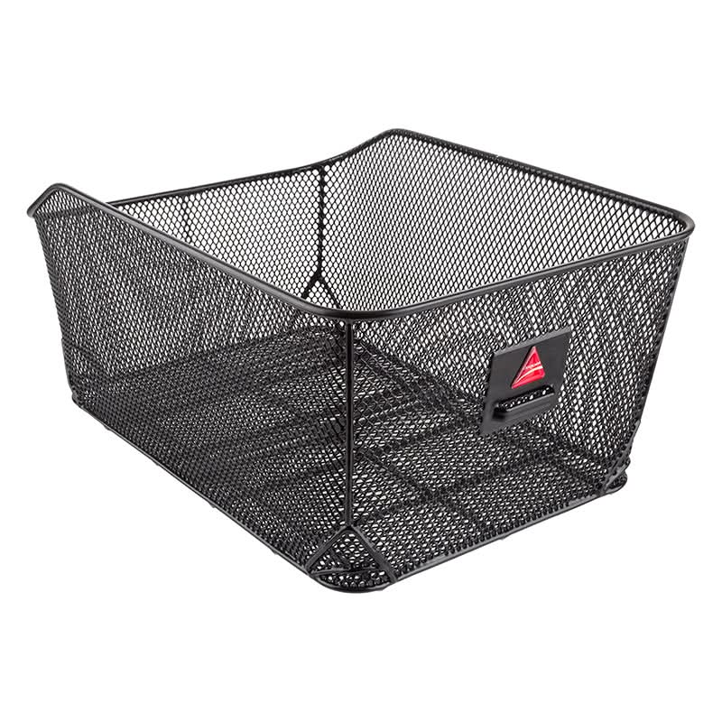 Market-Style Rear Basket for Bicycles (Axiom) (Blemished) - A black wire basket with a red triangle on top, featuring a vinyl-dipped steel wire mesh and designed for mounting on a bike's rear rack.