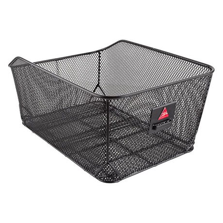 Market-Style Rear Basket for Bicycles (Axiom) featuring a black wire mesh design with a red triangle on top, designed for rear rack mounting with a cut-away section for seat clearance.