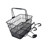 Lift-Off Wire Basket with Mesh Bottom, featuring black hooks and a handle, ideal for bikes and scooters. The close-up highlights the sturdy mesh bottom for secure storage.