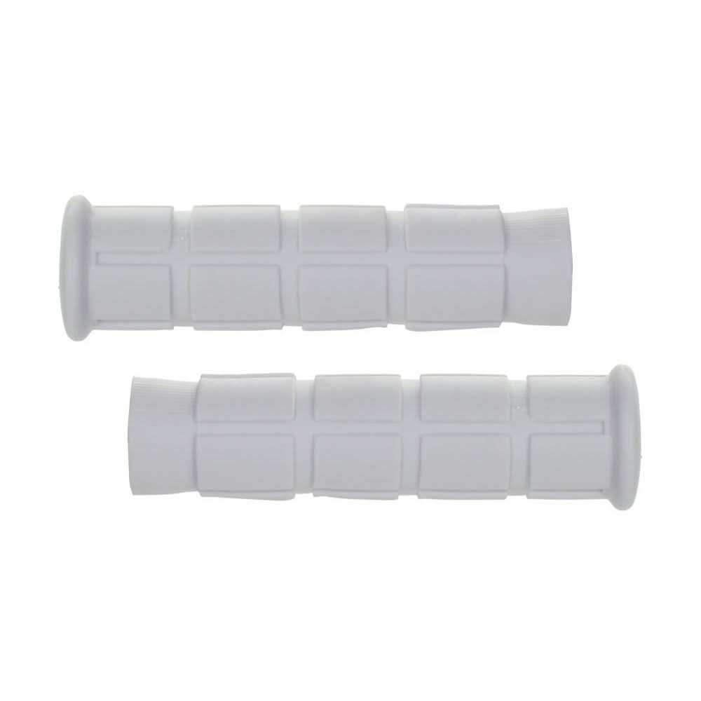 Classic Grips: A close-up of a pair of white handlebar grips made of soft kraton rubber, ideal for snowmobiles, scooters, ATVs, dirt bikes, mini bikes, and bicycles.
