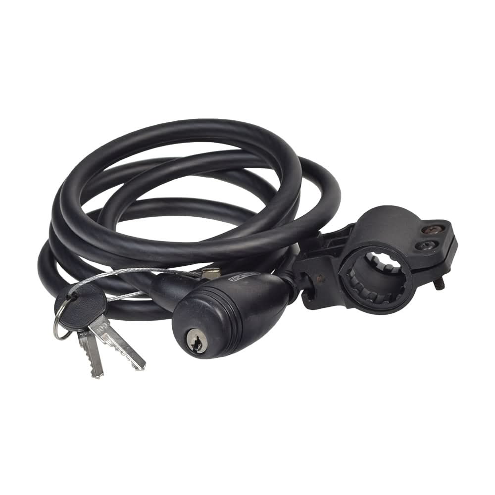 Flex-Shield Coil Cable with Integrated Lock featuring a coiled bike lock with keys, ideal for securing bikes or scooters. Includes quick-release attachment for easy storage and removal.