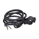 Flex-Shield Coil Cable with Integrated Lock featuring a coiled bike lock with keys, ideal for securing bikes or scooters. Includes quick-release attachment for easy storage and removal.