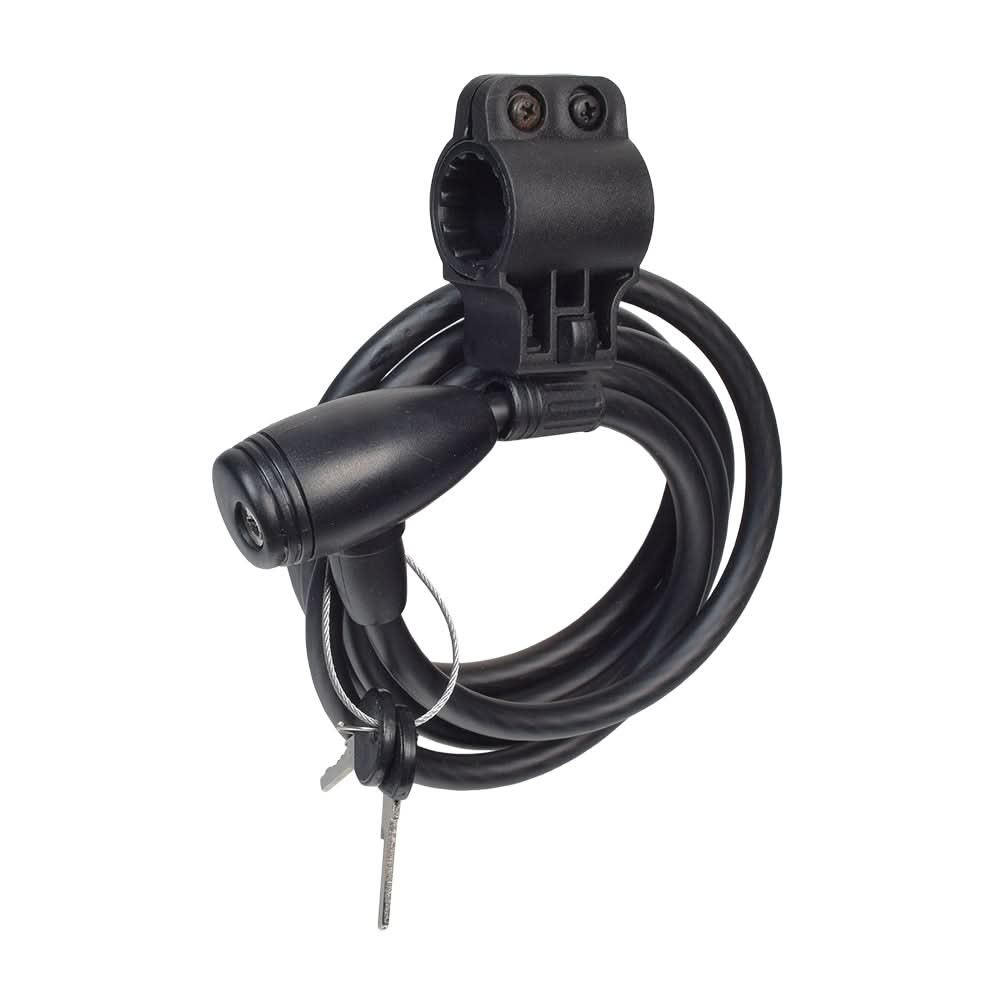 Flex-Shield Coil Cable with Integrated Lock, featuring a coiled design with a secure locking mechanism and included keys, ideal for securing bikes or scooters.