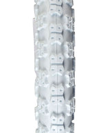 Close-up of the 14x2.125 White MX3 Bicycle Tire from Sunlite, showcasing its unique design with holes. Ideal for replacing old bike tires.