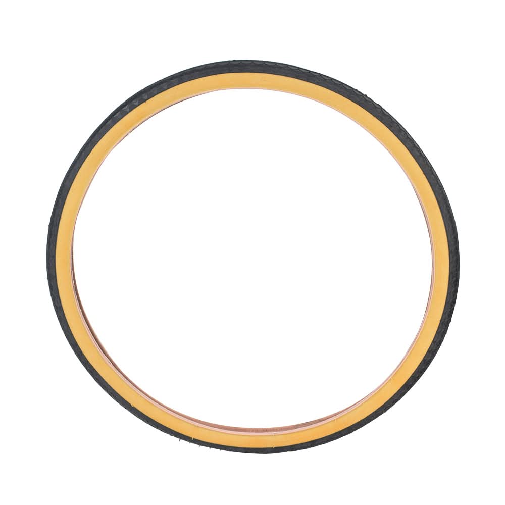 26x1-1/2 Black/Gum Street Bicycle Tire from Sunlite, featuring a black and yellow circular design, ideal for street biking. Suitable only for bikes originally fitted with 26x1-1/2 size tires.