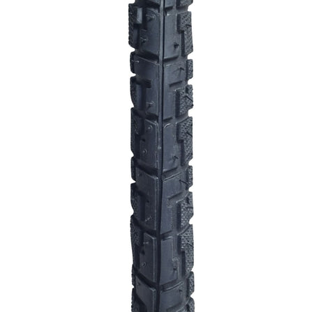 Close-up of a 26x1-3/8 Black/Gum Hybrid Nimbus Bicycle Tire from Sunlite, highlighting the detailed tread and synthetic rubber construction, ideal for replacing old bicycle tires.