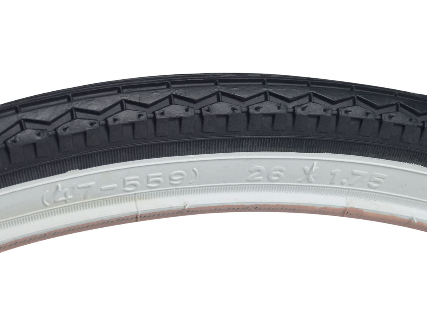 Close-up of the 26x1.75 White Wall Street Tire with K123 Tread, showing the tire's detailed tread pattern and two-tone side walls.