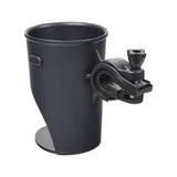 Delta Holdits Grande Expanding Beverage Holder, a black cylindrical cup holder with an adjustable handle, designed to secure various beverage containers on standard handlebars.