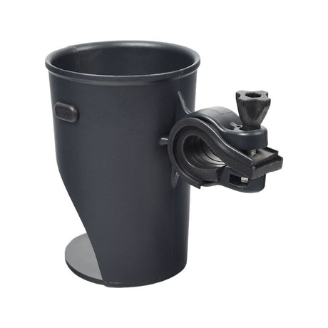 Delta Holdits Grande Expanding Beverage Holder, a black cylindrical cup holder with an adjustable handle, designed to secure various beverage containers on standard handlebars.