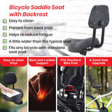 Bicycle Saddle Seat with Backrest (Blemished) shown in a collage, including close-ups of the black seat and a person with back pain. Suitable for various bike models for enhanced comfort and lumbar support.
