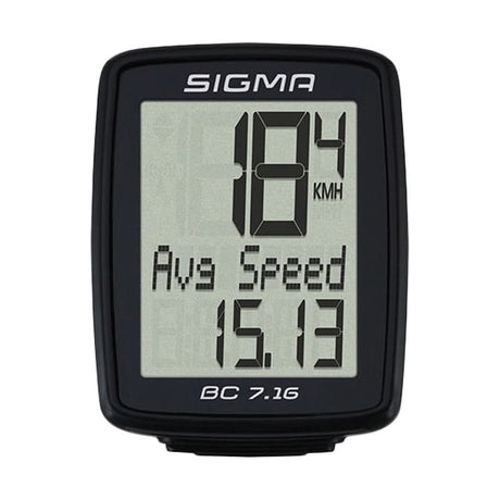 Sigma BC 7.16 Wired Bike Computer displaying speed on a digital screen with one-button operation, mounted on a handlebar, showing seven essential functions including auto start/stop and ride time.
