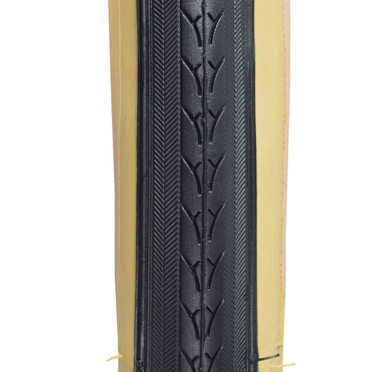 27x1-1/4 Black/Gum Urban Bicycle Tire featuring a close-up view of the durable thick rubber casing with smooth center tread and knurled shoulders designed for water evacuation and extra thick side walls.