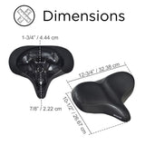 Oversized Extra Wide Cruiser Saddle Seat for Bikes & Scooters shown with detailed measurements for enhanced comfort, ideal for beach cruisers, exercise bikes, and adult trikes with a standard 7/8 seat post.