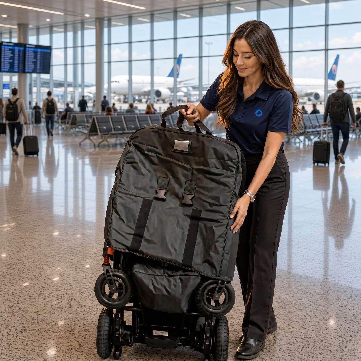 KIT2400569 ballistic nylon travel cover for Jazzy Carbon, woman traveling in airport