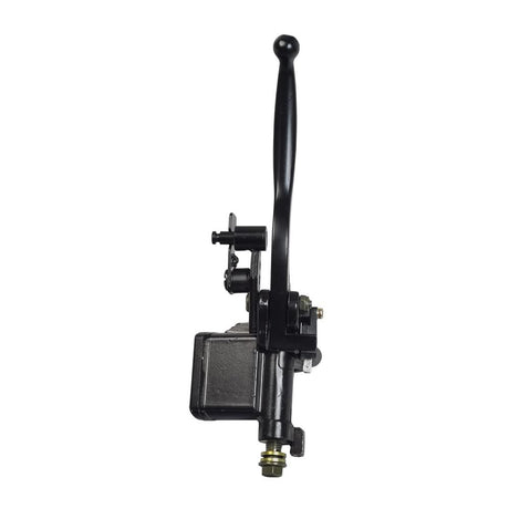 Black Left Side Brake Lever with Master Cylinder for QMB139 Scooters, featuring a close-up of a black lever with a black handle, suitable for various modern scooter models with QMB139 GY6 engines.