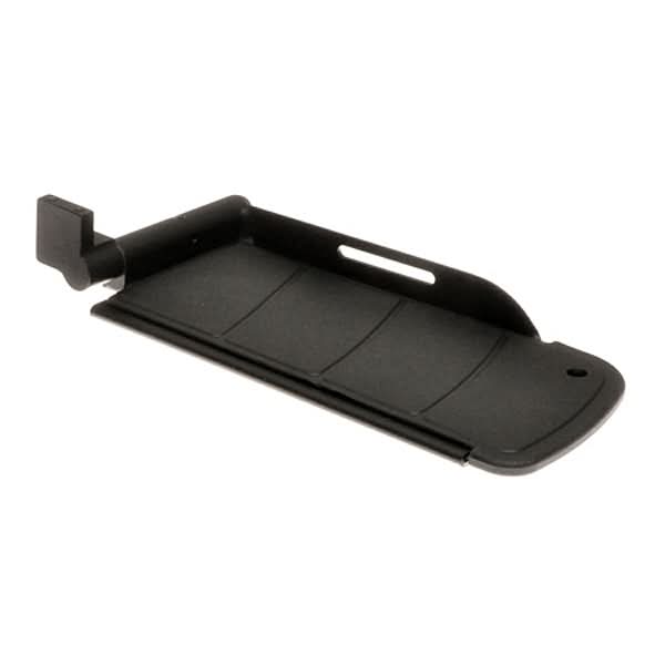 Left Power Articulating Footplate for Jazzy and Quantum Power Chairs, featuring a black plastic holder and a key, designed to fit Synergy seats without depth adjustment.