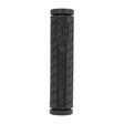130 mm Single Compound Logo Grips for Bikes & Scooters, featuring a close-up of a black handlebar with a logo and a detailed tire. Durable, comfortable grips designed for medium-sized hands.