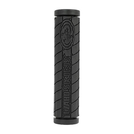 130 mm Single Compound Logo Grips for Bikes & Scooters, featuring a close-up of a black handlebar with a logo and a detailed tire. Durable, comfortable grips designed for medium-sized hands.