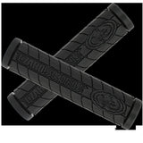 130 mm Single Compound Logo Grips for Bikes & Scooters, featuring durable black elastomer rubber with a sleek design, perfect for medium-sized hands, providing excellent comfort and grip. Sold as a pair.