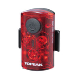 Redlite Mini USB Bicycle Taillight (Topeak) featuring a compact red and black design with a black button, equipped with three ruby red LEDs for enhanced visibility.