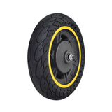 Front Wheel Assembly for the Ninebot MAX G30 Scooter, featuring a black tire with a yellow rim, already fitted to the rim, ready for installation.