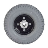 9x3.50-4 Pneumatic Rear Wheel Assembly for the Rascal 240, featuring a black rim and a knobby tread pattern for enhanced grip, with a central hole for mounting.