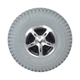 10x3 (3.00-4, 260x85) foam-filled rear wheel assembly with silver rim for Merits Pioneer 3 & 4 scooters, featuring a solid, flat-free design for smooth riding and worry-free performance.
