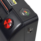 24 Volt 12 Ah Battery Box with Batteries for the Rascal Fold N Go 350/355, featuring a close-up of the device's speedometer, gauge, and switch, showcasing its detailed components ready for installation.