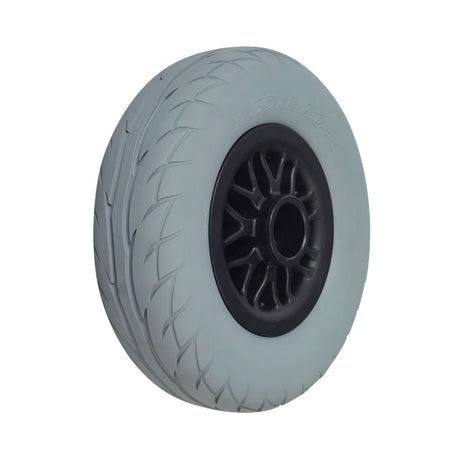 Rear Wheel Assembly for the Merits Mini Coupe (S539) Mobility Scooter, featuring a black rim and flat-free solid tire with directional tread. Ideal for replacing damaged or worn-out wheels.